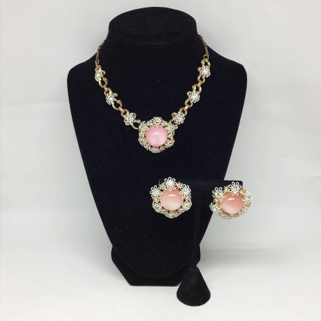 Vintage 16" Pink Moonglow Thermoset, Enamel and Rhinestone Flower Choker Necklac