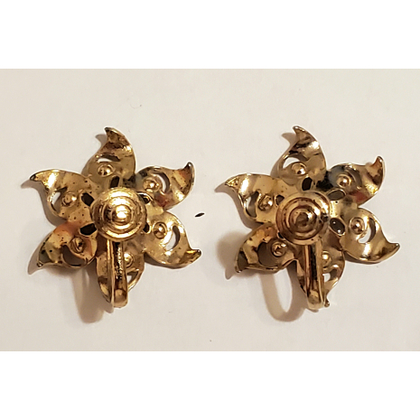 Vintage 1950s Emmmons Faux Ruby and Faux Pearl, Gold Tone Screw-Back Earrings