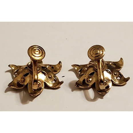 Vintage 1950s Emmmons Faux Ruby and Faux Pearl, Gold Tone Screw-Back Earrings