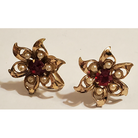 Vintage 1950s Emmmons Faux Ruby and Faux Pearl, Gold Tone Screw-Back Earrings