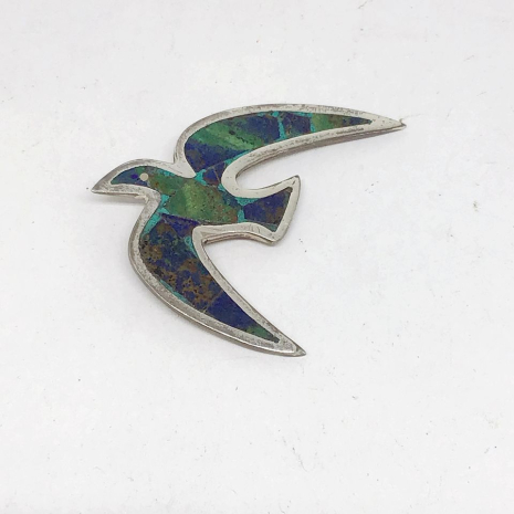 Vintage Signed Taxco Los Castillo Sterling Silver 925 Mosaic Turquoise Inlay Bir