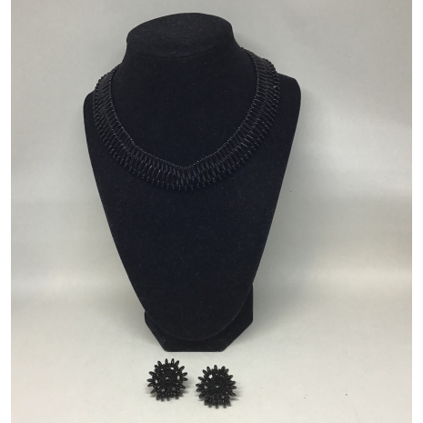 Vintage 1950s Germany 16” Black Seed Bead Woven Choker Collar Necklace and Earri