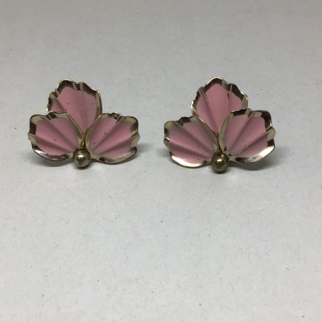 Vintage Pink Enamel Ginko Flower Earrings 