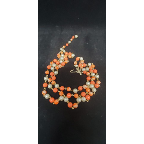 Vintage 17" Japan Orange and Peach Swirl Bead and White Faux Pearl Triple String