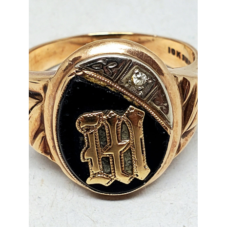 Vintage 10K Gold Signet Initial "M" with Diamond Accent Two-Tone Gold Repousse'