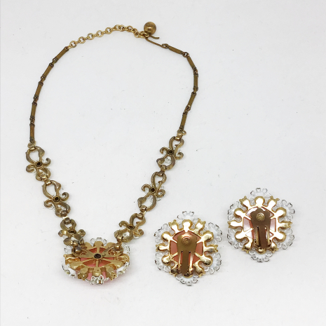 Vintage 16" Pink Moonglow Thermoset, Enamel and Rhinestone Flower Choker Necklac