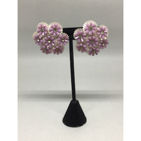 Vintage Featherlite Purple Molded Plastic Flowers with Rhinestone Center Earring