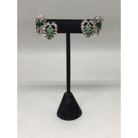 Vintage 1950s Claudette Emerald Green and White Rhinestone Heart and Bow Clip-On