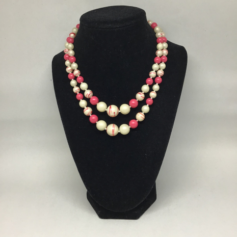 Vintage 1950s 17" Japan Pink and White Faux Pearl Pink Swirl Bead Double String