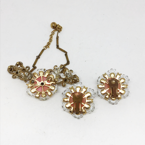 Vintage 16" Pink Moonglow Thermoset, Enamel and Rhinestone Flower Choker Necklac