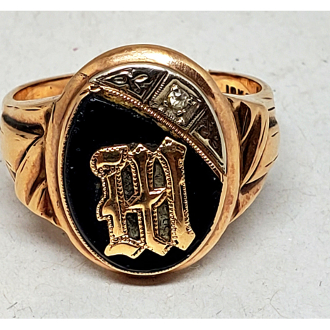 Vintage 10K Gold Signet Initial "M" with Diamond Accent Two-Tone Gold Repousse'