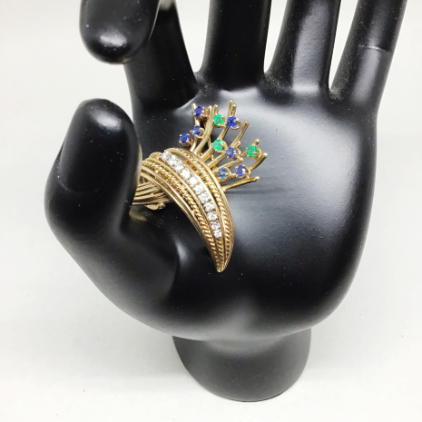 Vintage Estate 18 Karat Yellow Gold, Diamond, Emerald, and Sapphire Floral Spray
