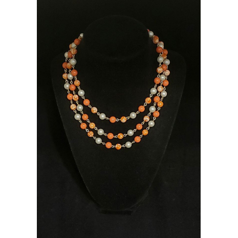 Vintage 17" Japan Orange and Peach Swirl Bead and White Faux Pearl Triple String