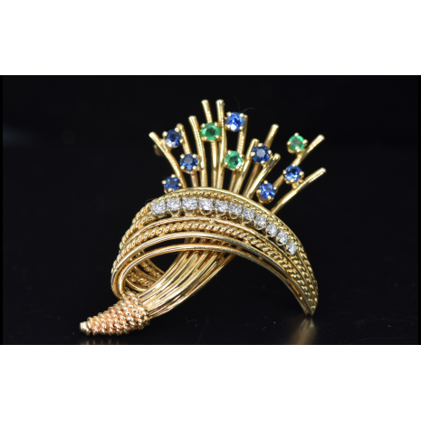 Vintage Estate 18 Karat Yellow Gold, Diamond, Emerald, and Sapphire Floral Spray