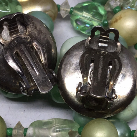 Vintage 18” Japan Green Iridescent Double String Bead Necklace and Earring Set
