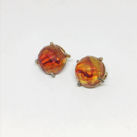 Vintage Root Beer Amber Brown Faceted Lucite Clip On Earrings  