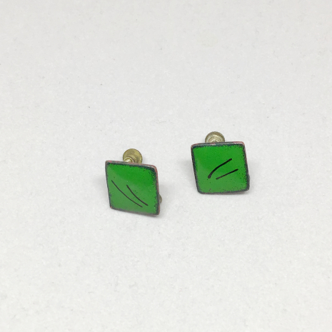 Vintage Green Enamel with Black Artsy Design Screw Back Earrings.