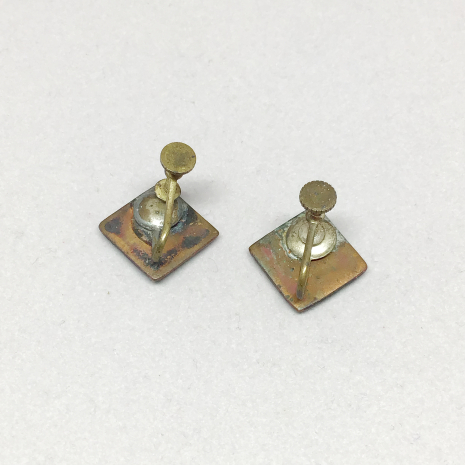 Vintage Green Enamel with Black Artsy Design Screw Back Earrings.
