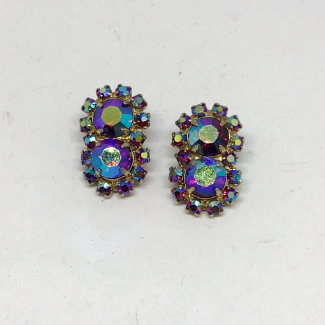 Vintage Red Aurora Borealis Flower Clip On Earrings