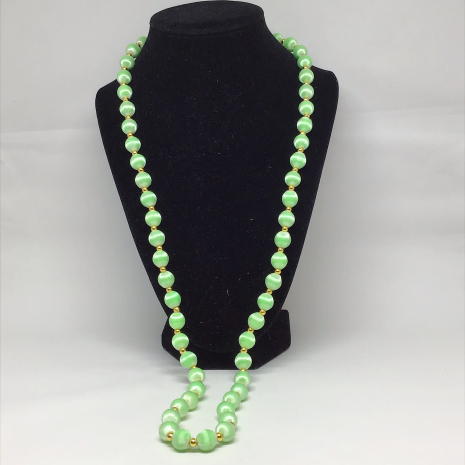 Vintage 1950s Light Green Silk Thread Wrapped Beads With Gold Tone Spacers.