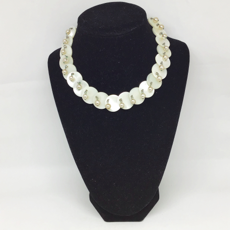 Vintage 15" Mother of Pearl Layered Disc Necklace with Dangling Faux Pearls on A