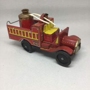 Vintage Japan Cragstan "Old Smokey" Friction Tin Litho Toy Red Fire Engine