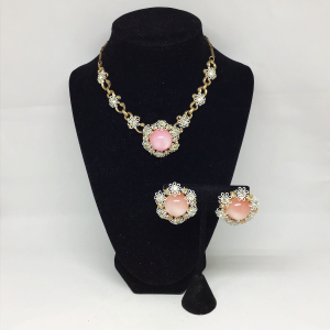 Vintage 1950 16" Pink Moonglow Thermoset, Enamel and Rhinestone Flower Necklace and Earring Set