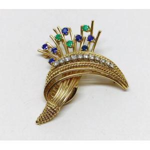 Vintage Estate 18 Karat Yellow Gold Diamond, Emerald, and Sapphire Floral Spray Bouquet Brooch. Mid-Century