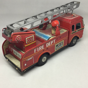 Vintage Japan Yonezawa Toys Co., Ltd. / Yonezawa Gangu Fire Dept. FD-11 Friction Tin Litho Fire Truck