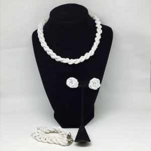 Vintage 1960s White Czechoslovakian Braided Seed Bead Choker Necklace, 8" Bracelet, and Earring  Set.