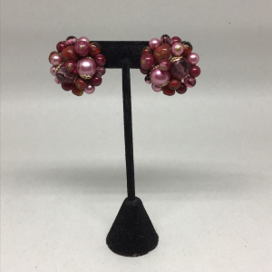 Vintage Japan Cranberry and Rose Bead Clip-On Earrings 