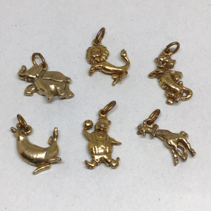Vintage 1960s Advertising Meadow Gold Fruit Juice Drink Brass Circus Animal Charm Set- Six Charm Set