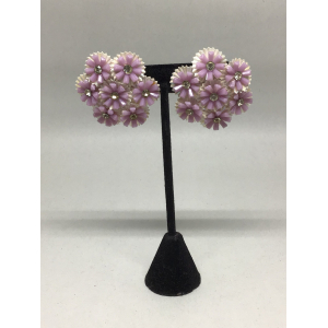 Vintage Featherlite Purple Molded Plastic Flowers with Rhinestone Center Earrings
