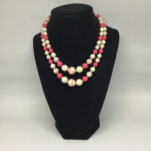 Vintage 1950s 17" Japan Pink and White Faux Pearl Pink Swirl Bead Double String Bead Necklace