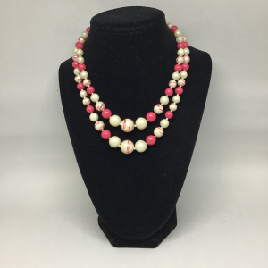 Vintage 17" Japan Pink and White Faux Pearl Pink Swirl Bead Double String Bead Necklace