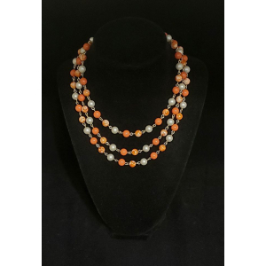 Vintage 17" Japan Orange and Peach Swirl Bead and White Faux Pearl Triple String Bead Necklace