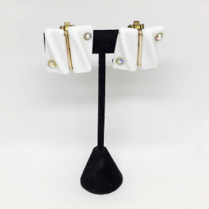 Vintage 1950s Western Germany Square Design, White Milk Glass with Aurora Borealis Accents, Clip-On Earrings