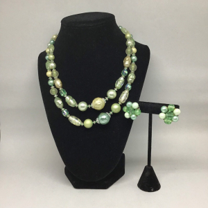 Vintage 18” Japan Green Iridescent Double String Bead Necklace and Earring Set