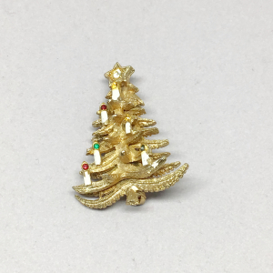 Vintage Christmas Tree Pin with Enamel Candles and Rhinestones