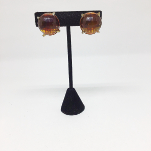 Vintage Root Beer Amber Brown Faceted Lucite Clip On Earrings  