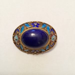 Antique Chinese Gilt Filigree Enamel Sterling Silver Lapis Lazuli Pin Brooch