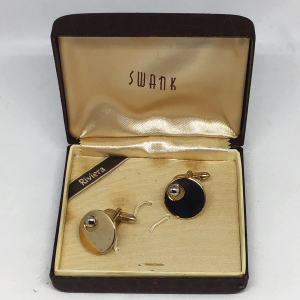 Vintage Signed "Swank" Gold Tone Circle Cufflinks with Silver Ball in Middle