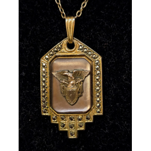 RARE Signed WWII 1941 Harry Iskin Sweetheart Necklace West Point Brown Mother of Pearl Marcasite Original 1/10 14K Gold Filled Chain- As Is